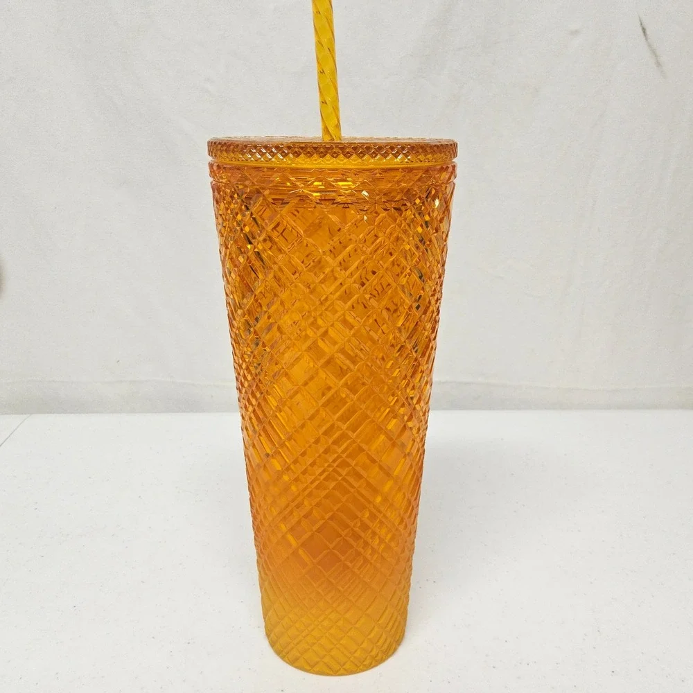 Starbucks Cold Cup Tumbler 24oz Amber‎ Orange Studded Grid 011134126